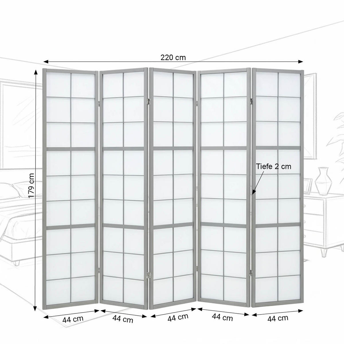 PARAVENT 5-tlg 220/179 cm Grau Holz Shoji - Grau, Holz (220/179/2cm) - Homestyle4u