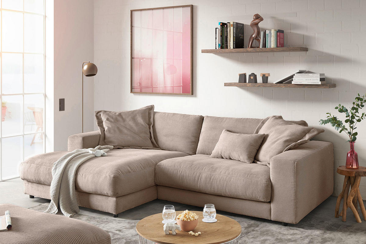 ECKSOFA MADELINE Taupe Cord - Taupe/Schwarz, Kunststoff/Textil (270/190cm) - KAWOLA