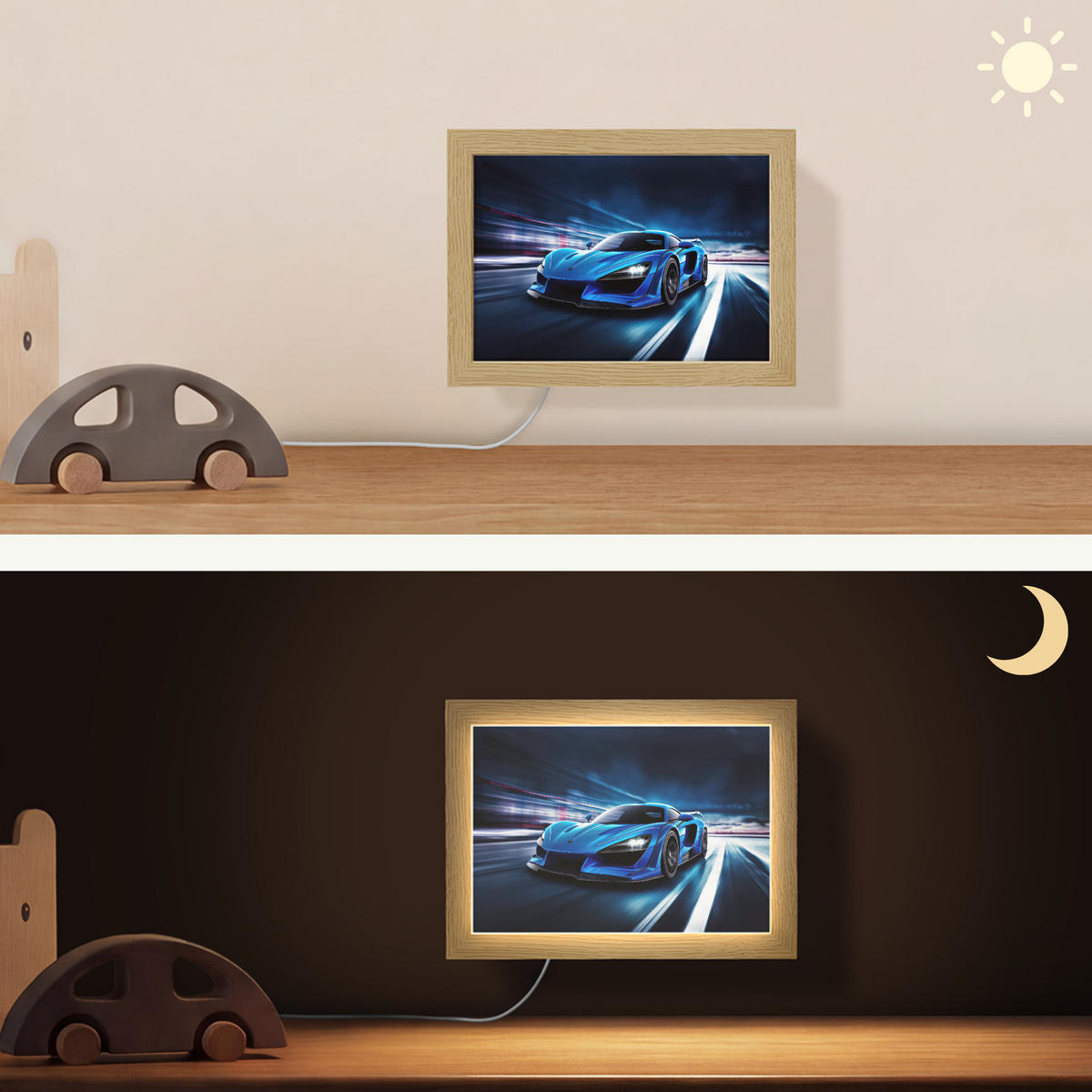 NÁSTĚNNÁ LAMPA Auto - Modrá - Chlapci - Dítě 20x15 cm - modrá, kompozitní dřevo (20/15/8cm) - OnlyWow