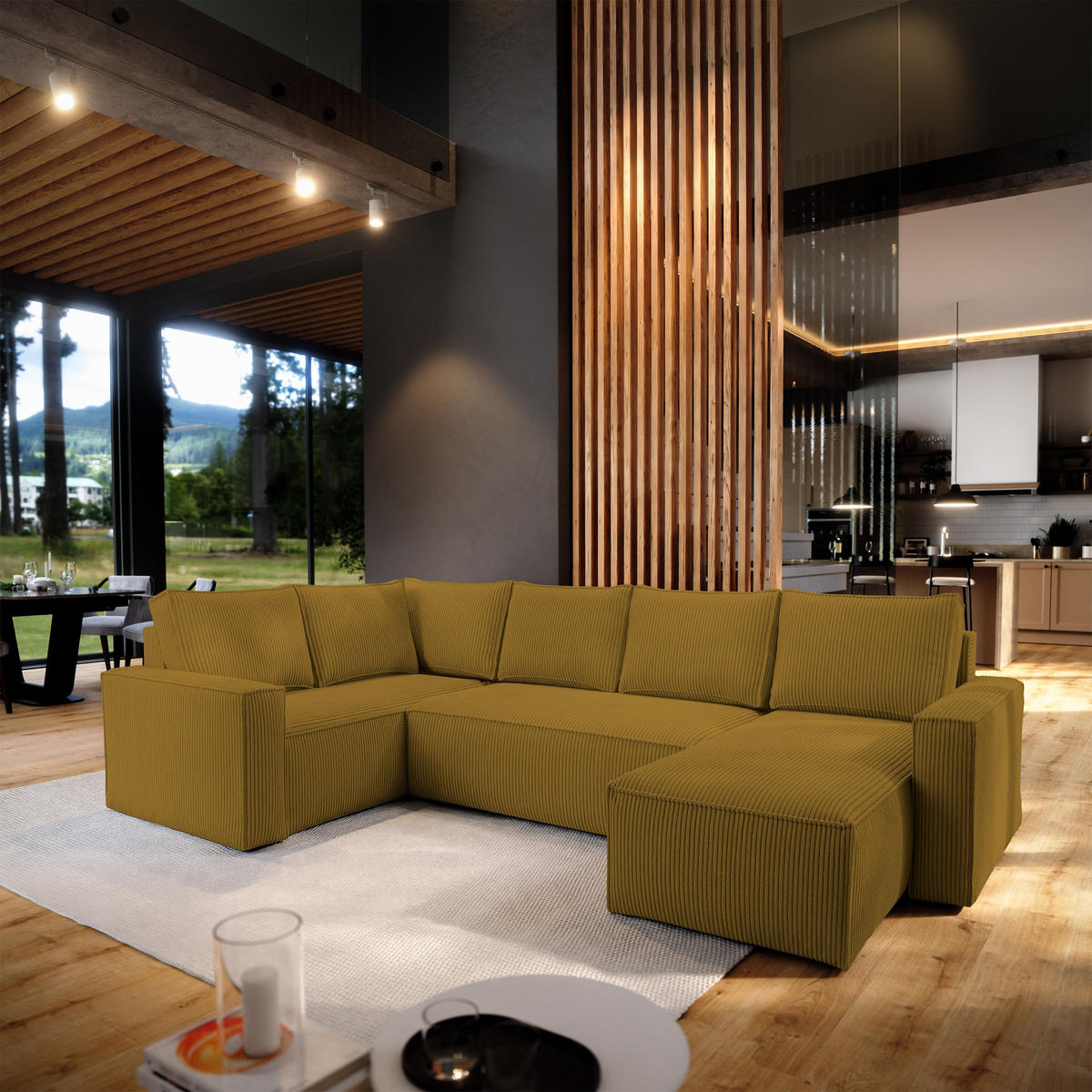 WOHNLANDSCHAFT NORENA L-S Gelb Kordstoff mit Schlaffunktion - Gelb, Holz (295/85/157.5cm) - MASSENO