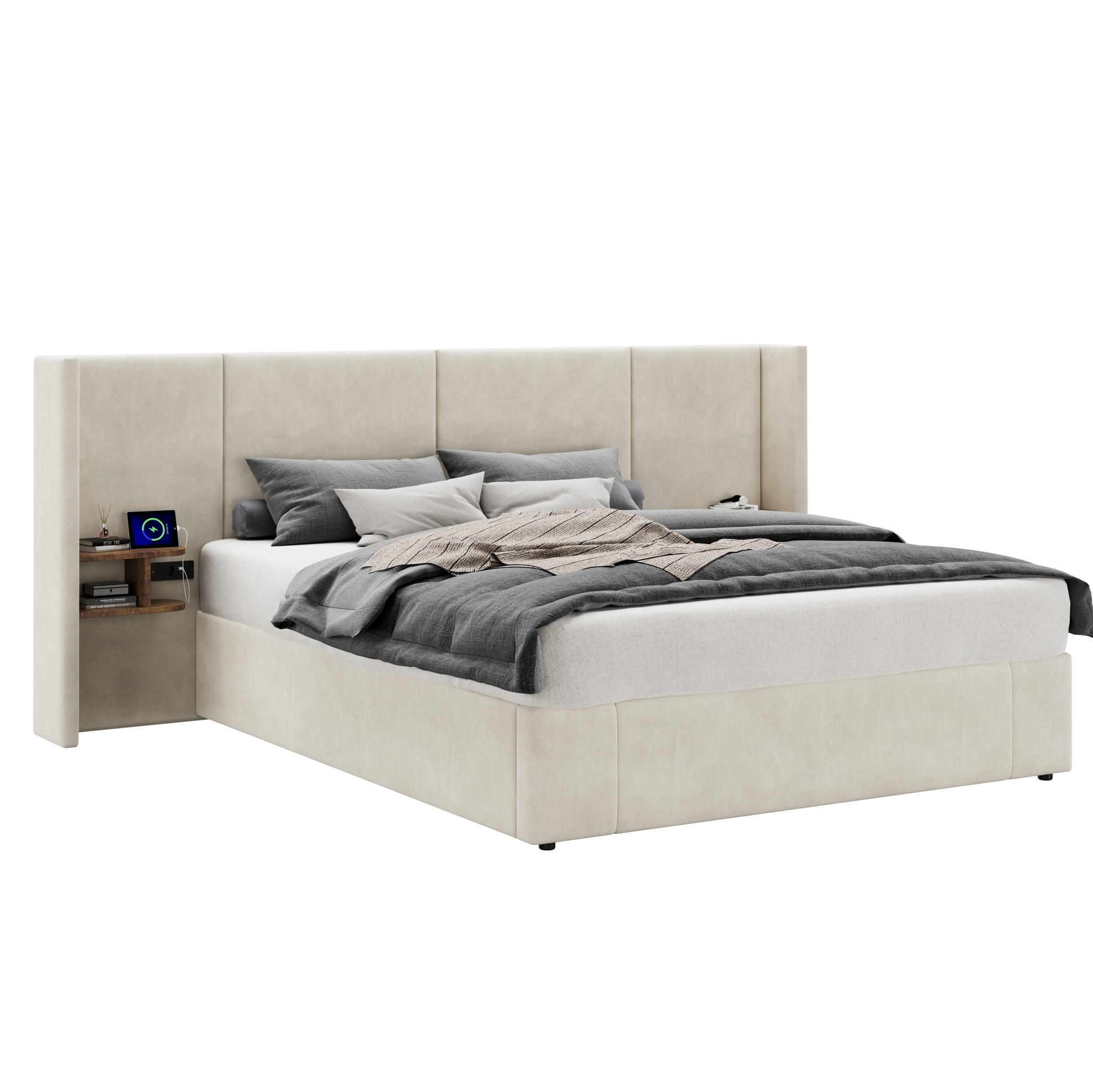 POLSTERBETT mit Stauraum 160x200 cm Samt Beige mit 2 Nachttischen - Beige, Metall (160/200cm) - Meubliv