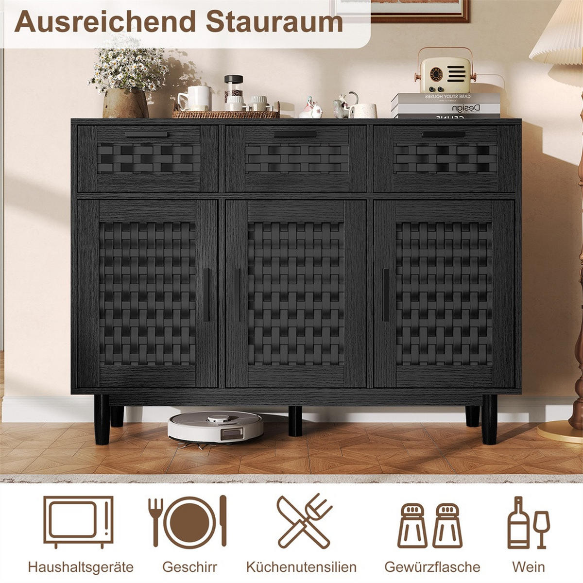 SIDEBOARD mit 3 Schubladen und 3 Türen - elegante Geflecht-Optik und feine Metallgriffe - Schwarz - Schwarz, Holzwerkstoff (107.9/80/40cm) - DELFA