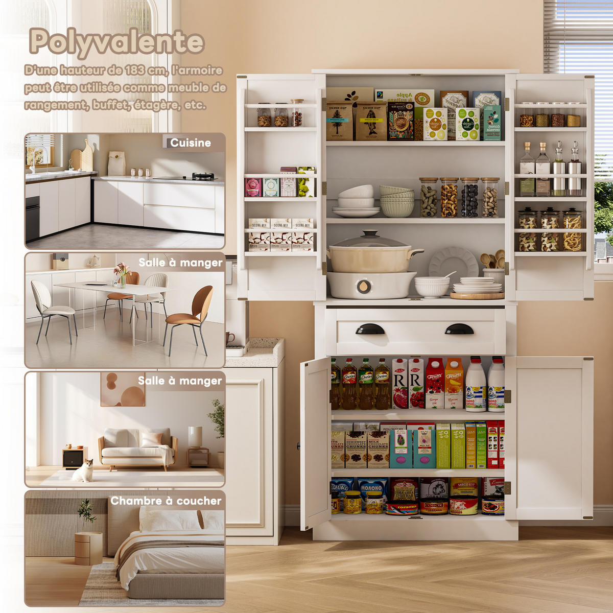 BUFFETSCHRANK, Vorratsschrank mit 4 Türen & 1 Schublade, 4 verstellbare Einlegeböden, Holzwerkstoff, 80/40/182 cm, Weiß - Weiß, Holzwerkstoff (80/182/40cm) - Modfu