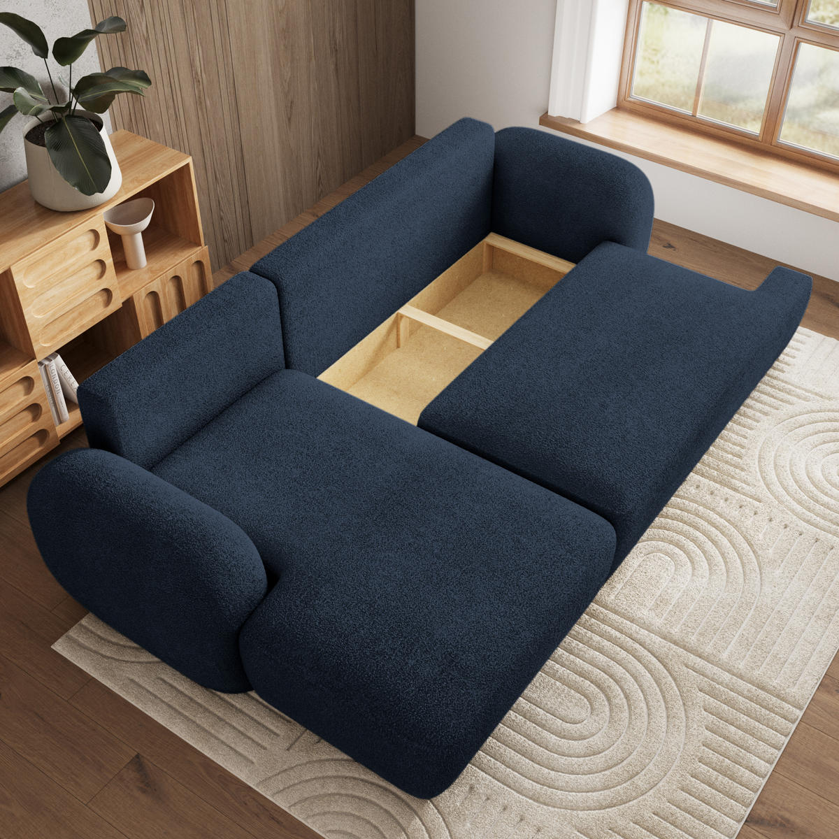 ECKSOFA MODENZA N L-S Blau Boucle-Stoff mit Schlaffunktion - Blau, Holz (266/148cm) - MASSENO