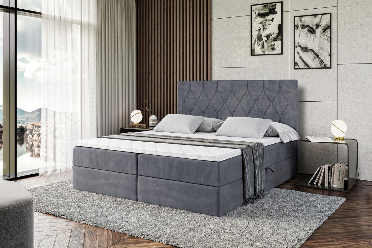 BOXBETT mit H4-Matratze und Lattenrost - VELANTO-BZ - 180x200 Schwarz Hochglanz - Dunkelgrau, Holzwerkstoff (180/200cm) - ALTDECOR