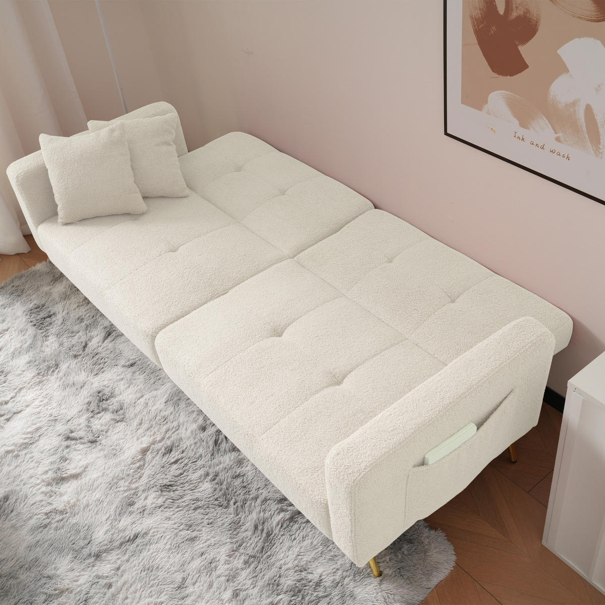 SCHLAFSOFA mit Bettfunktion, Kissen und goldfarbenen Beinen - Weiß, Kunststoff (175/72/64cm)