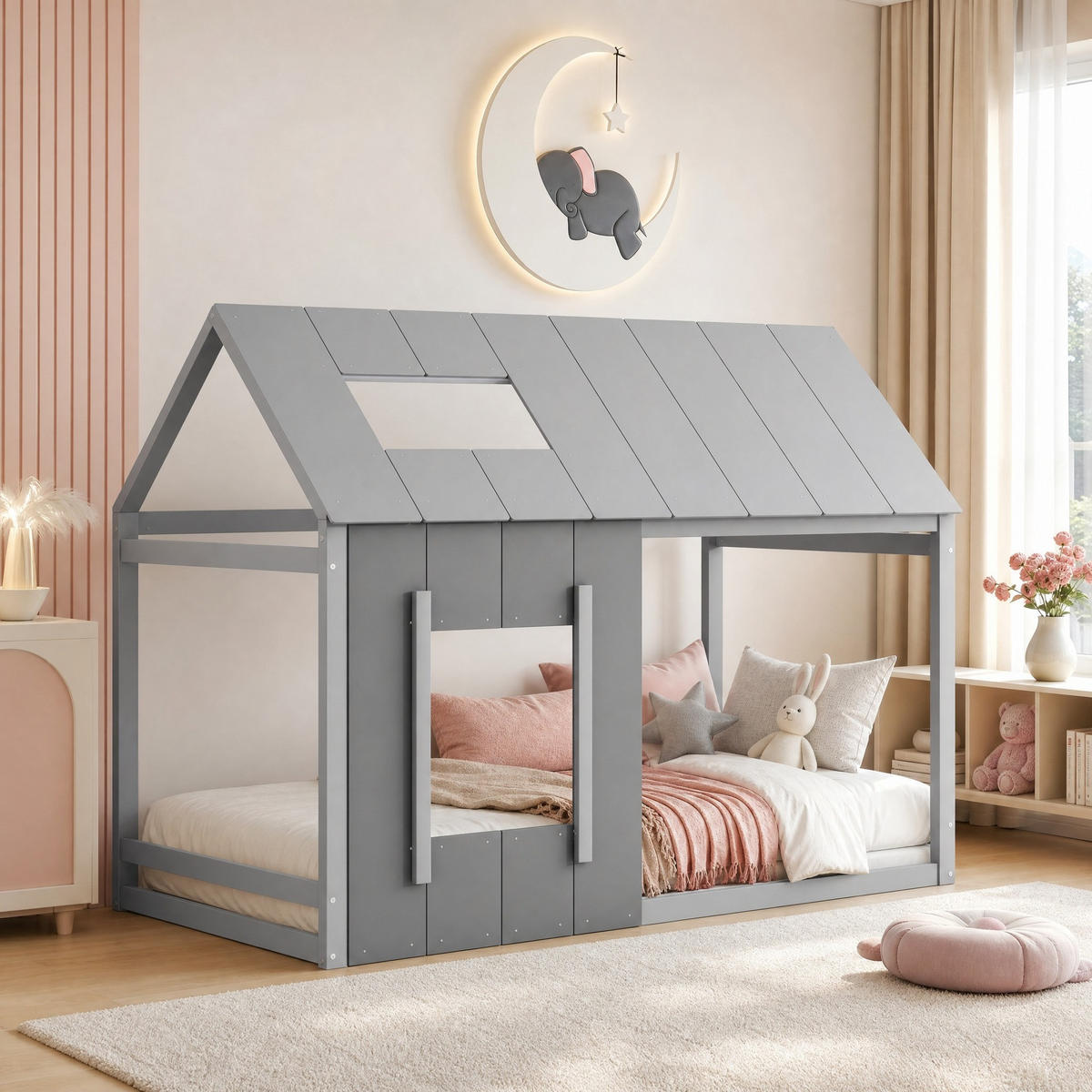 HAUSBETT 90/200 mit Dach und Fenster in Dunkelgrau + Hellgrau - Grau, Holzwerkstoff (90/200cm) - EVRYAE
