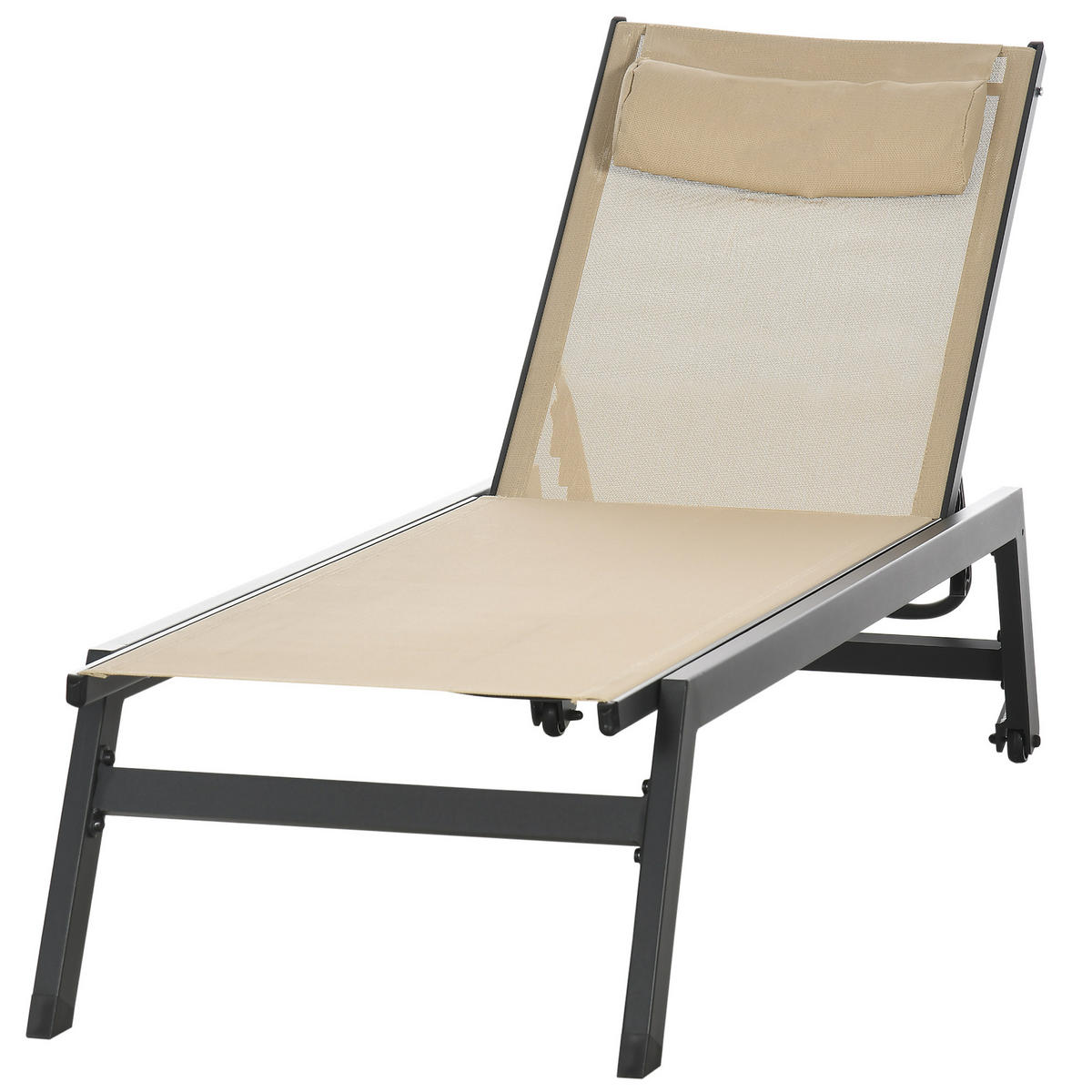 SONNENLIEGE DE-15612 Aluminium + Textilene, klappbar, mit Rollen & Kopfkissen Khaki - Mokka, Metall (55/90/164cm) - ComfortXL