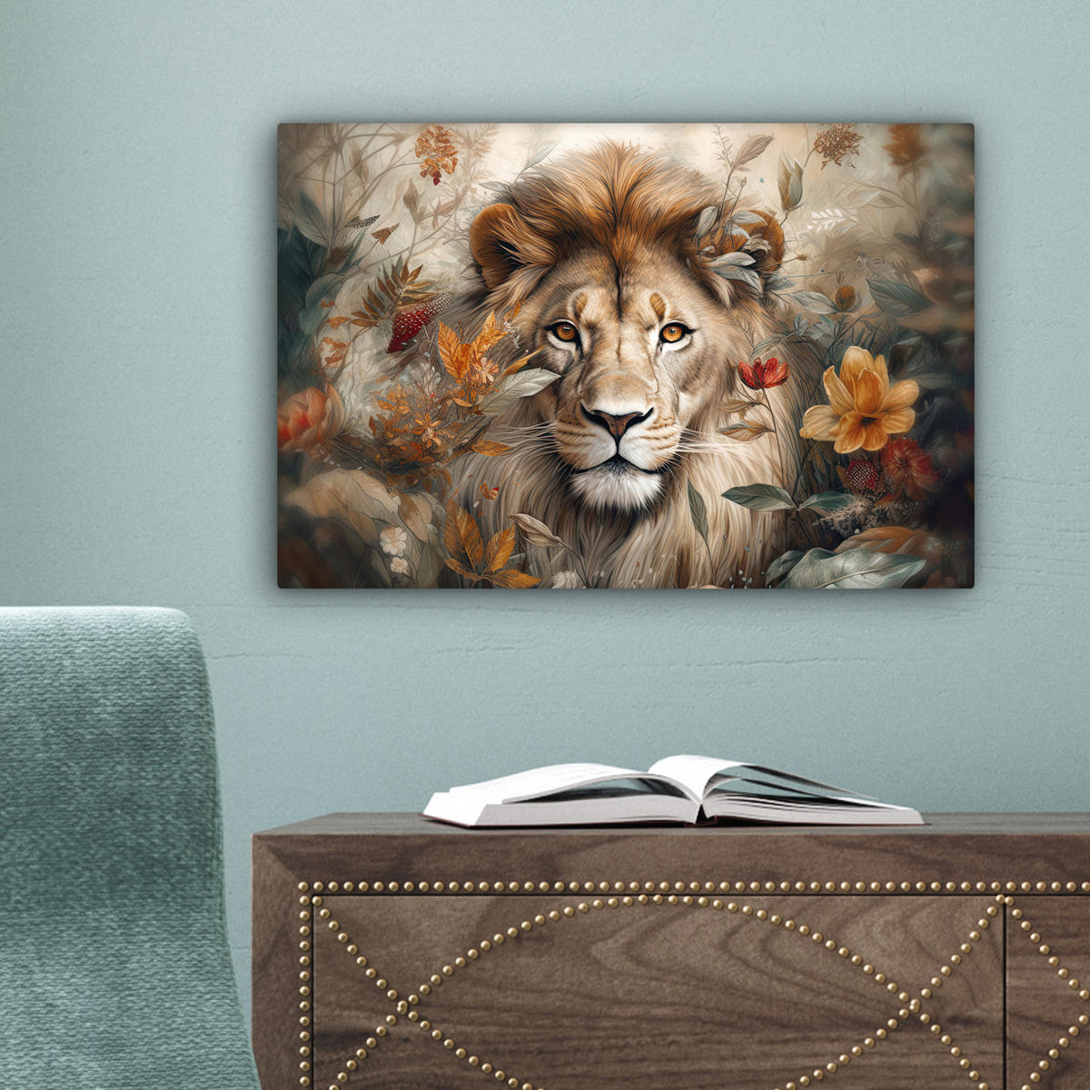 LEINWANDBILD Löwe - Wildtiere - Pflanzen - Natur - Blumen 30x20 cm - Beige, Textil (30/20cm) - MuchoWow