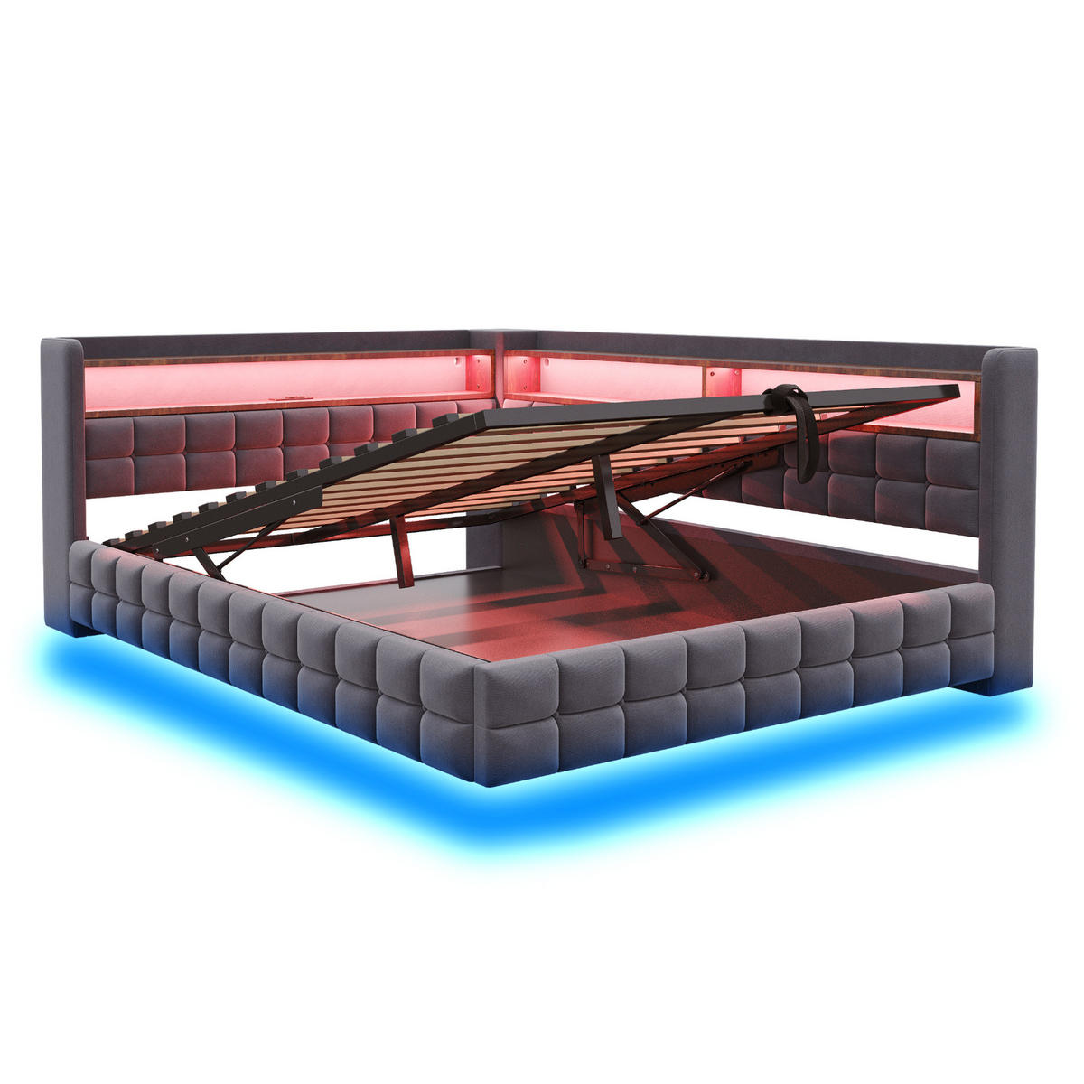 POLSTERBETT 140/200 cm mit LED-Beleuchtung, Steckdose, USB-, Typ-C-Anschluss und Bettkasten, Grau - Grau, Textil (140/200cm) - Redom