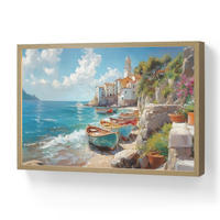 NÁSTĚNNÁ LAMPA S AKUMULÁTOREM Lodě - skály - moře - slunce 60x40 cm - modrá, kompozitní dřevo (60/40/8cm) - OnlyWow