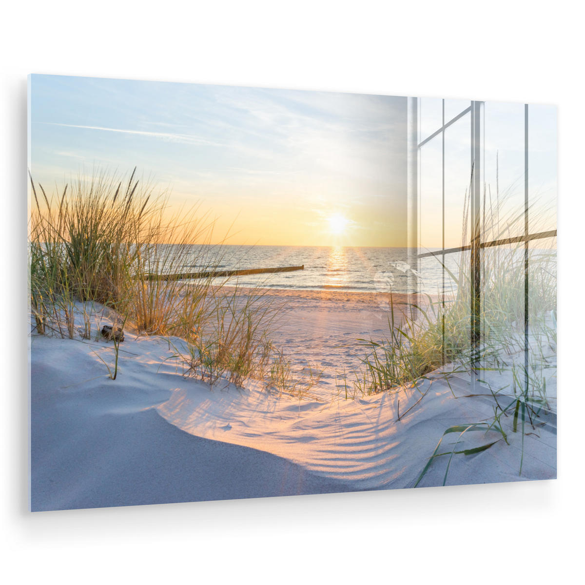 ACRYLGLASBILD Strand - Sonne - Düne - Gras - Sand - Horizont 60x40 cm - Hellblau, Glas (60/40cm) - MuchoWow