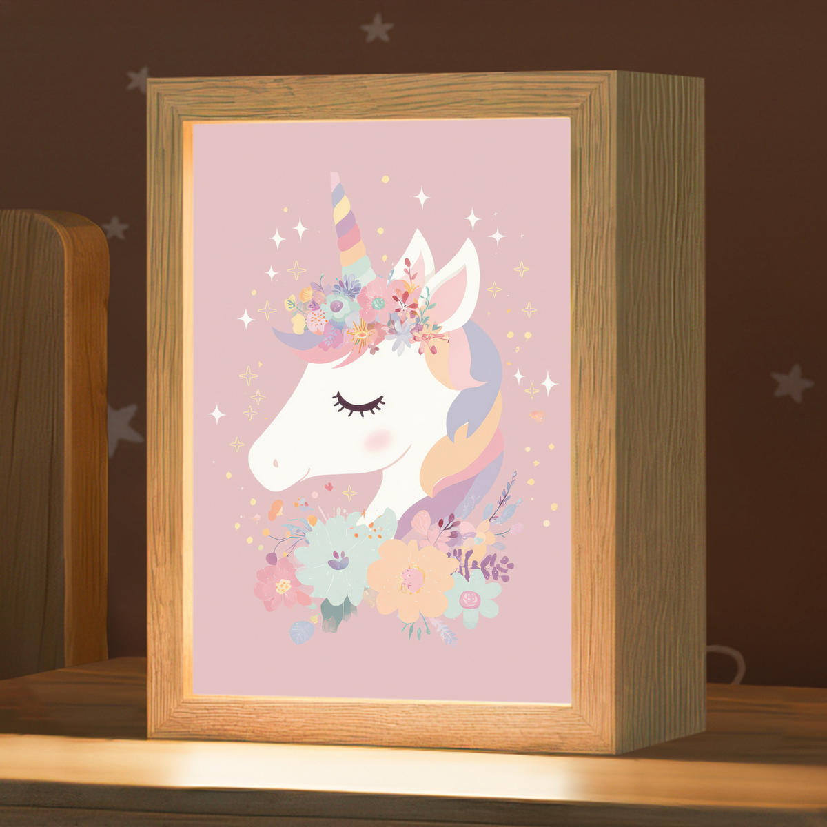 NACHTTISCHLAMPE Einhorn - Rosa - Blumen 15x20 cm - Rosa, Holzwerkstoff (8/15/20cm)