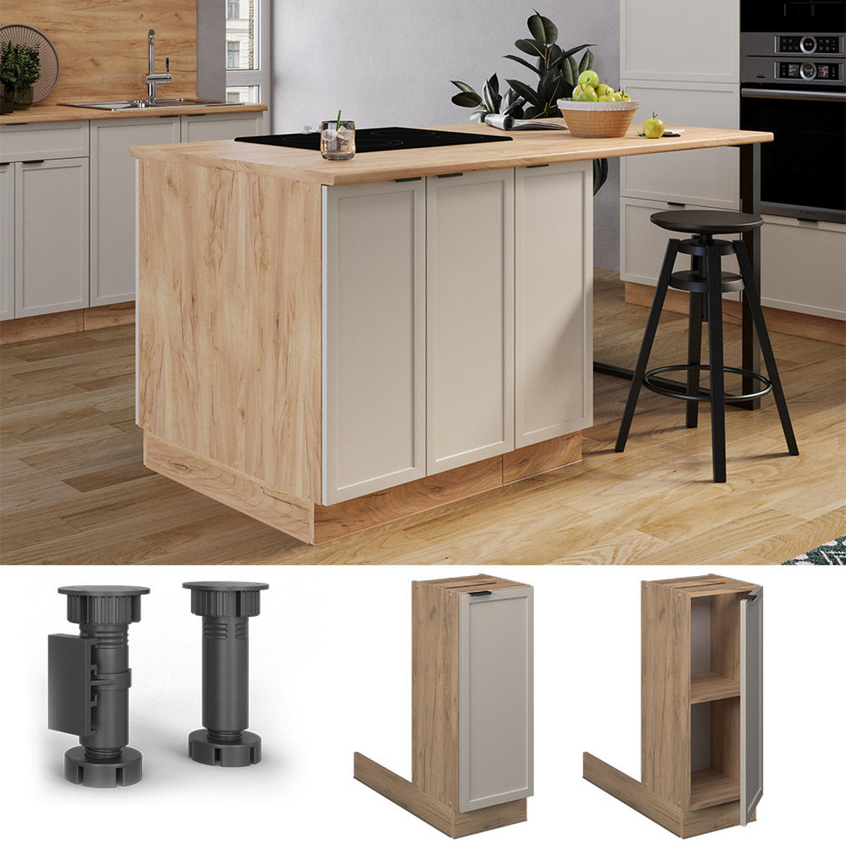 KÜCHENINSEL Fame-Line GrauBeige 30 cm ohne AP - Honigeiche/Grau, Holzwerkstoff (30/82/70cm) - Vicco