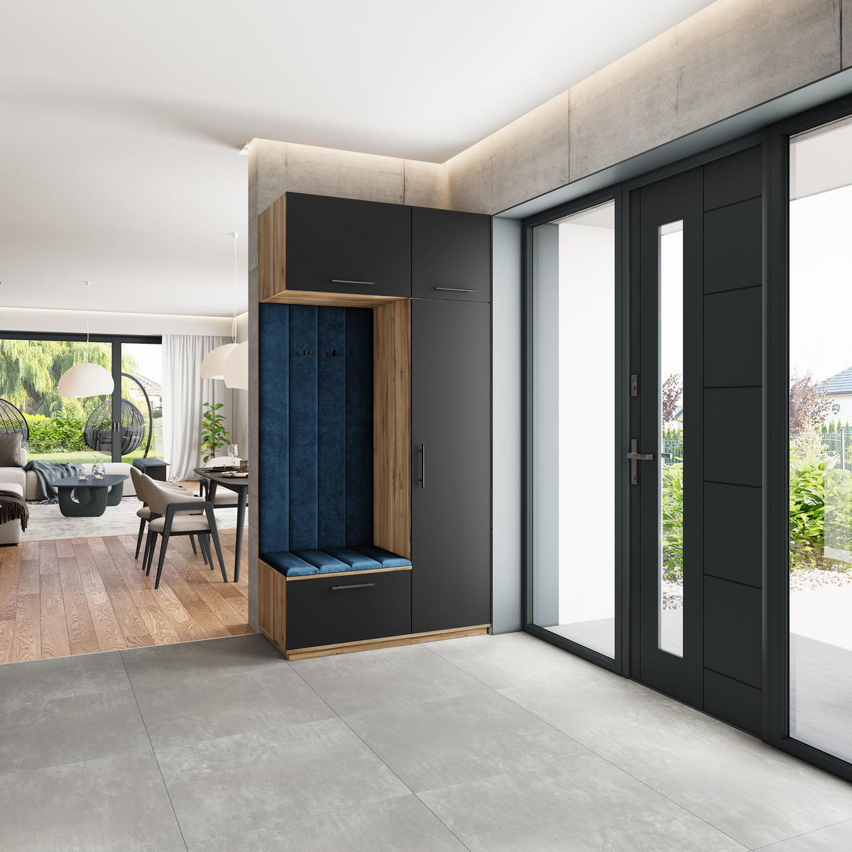 GARDEROBENSCHRANK REMA 120/240/60 cm Modern Garderobe-Set Eiche Wotan - Blau/Eiche Wotan, Holzwerkstoff (120/240/60cm) - MASSENO