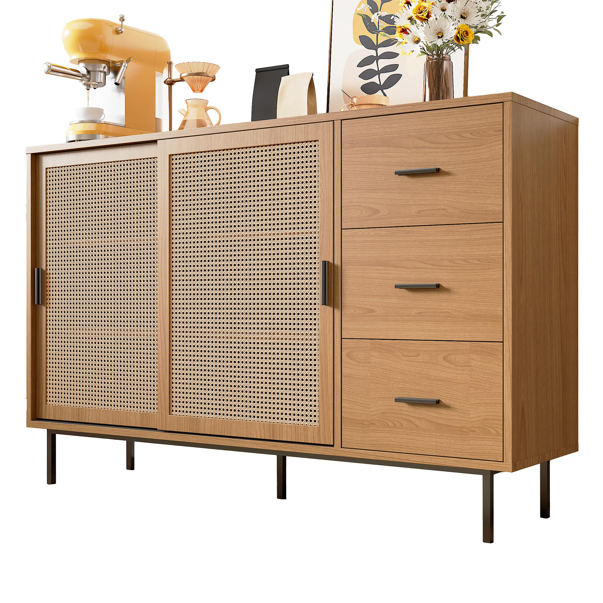 SIDEBOARD mit 2 Schiebetüren aus Rattan und 3 Schubladen, Natur, Spanplatte, 140/37/91 cm, Natur - Naturfarben, Holzwerkstoff (140/91/37cm) - Redom
