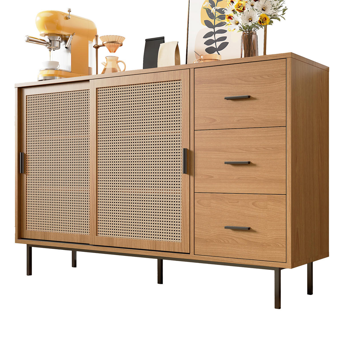SIDEBOARD mit 2 Schiebetüren aus Rattan und 3 Schubladen, Natur, Spanplatte, 140/37/91 cm, Natur - Naturfarben, Holzwerkstoff (140/91/37cm) - Redom