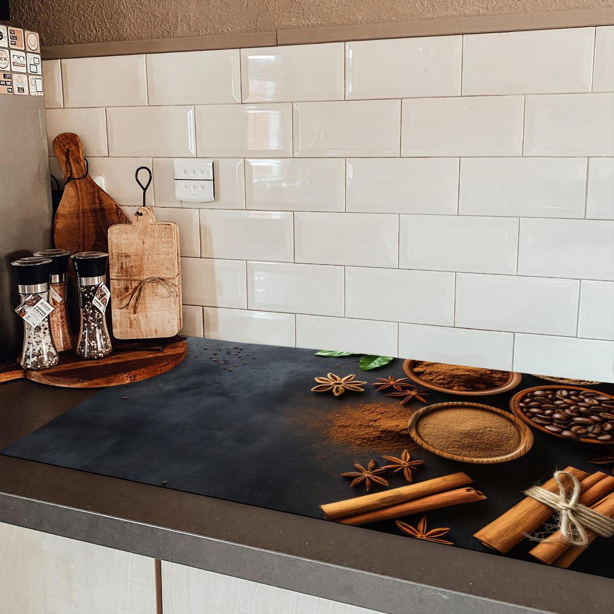 HERDABDECKPLATTE Zimt - Beton - Kaffee - Zimtstangen - Gewürze Ceranfeldabdeckung 90x52 cm - Mokka, Kunststoff (90/52/0.2cm) - MuchoWow