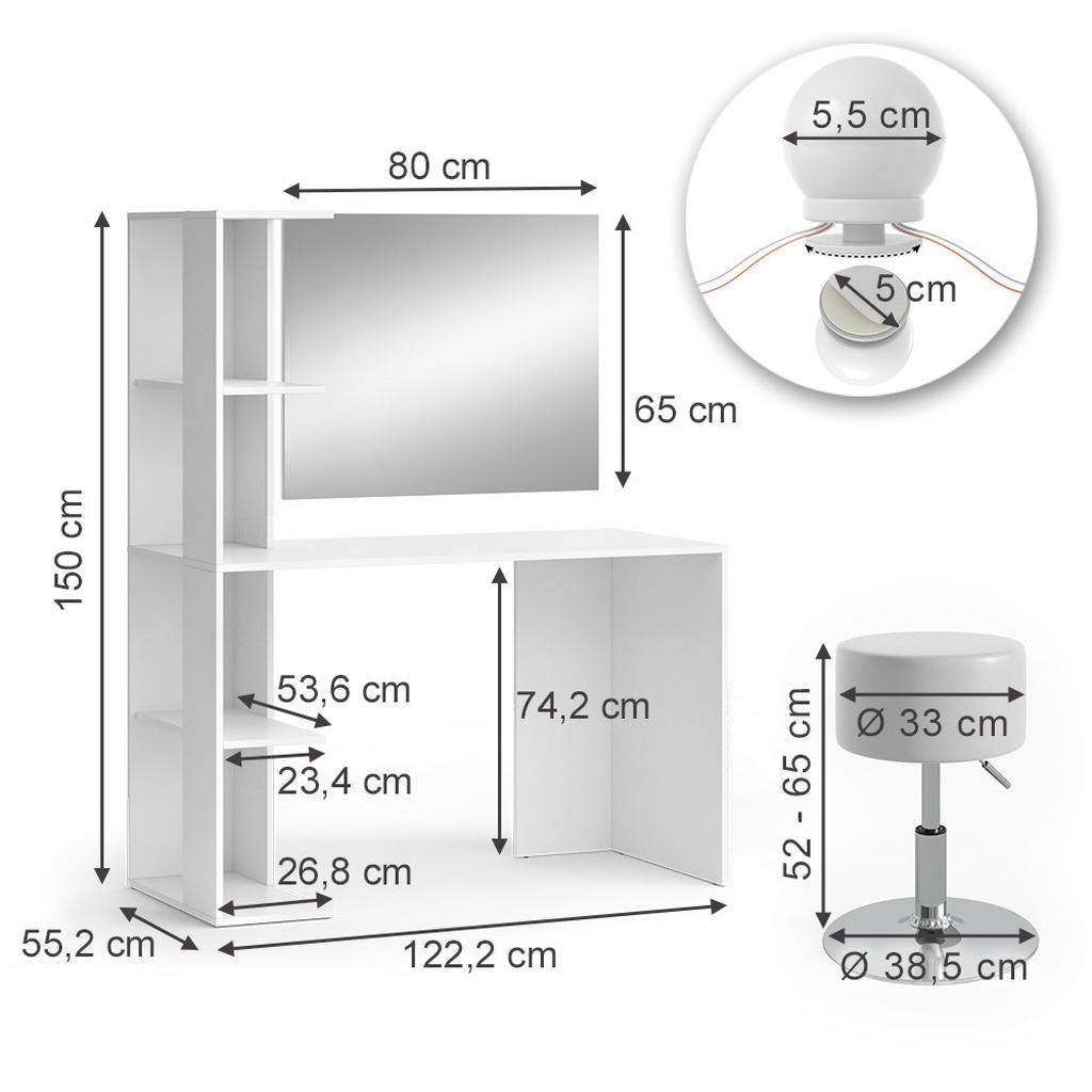 Thumbnail - Vicco Schminktisch, Weiß, Holzwerkstoff, 4 Fächer, Rechteckig,Rechteckig, 122.2x75.8x55.2 cm, Schlafzimmer, Schminktisch...