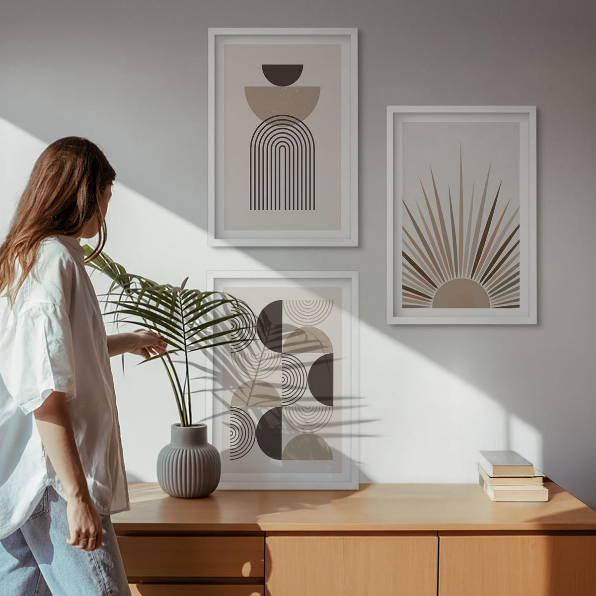 BILDER SET 3er Set - 40x60 cm Weißer Rahmen - Abstrakte Formen beige braun - Weiß, Kunststoff (40/60cm) - TULUP