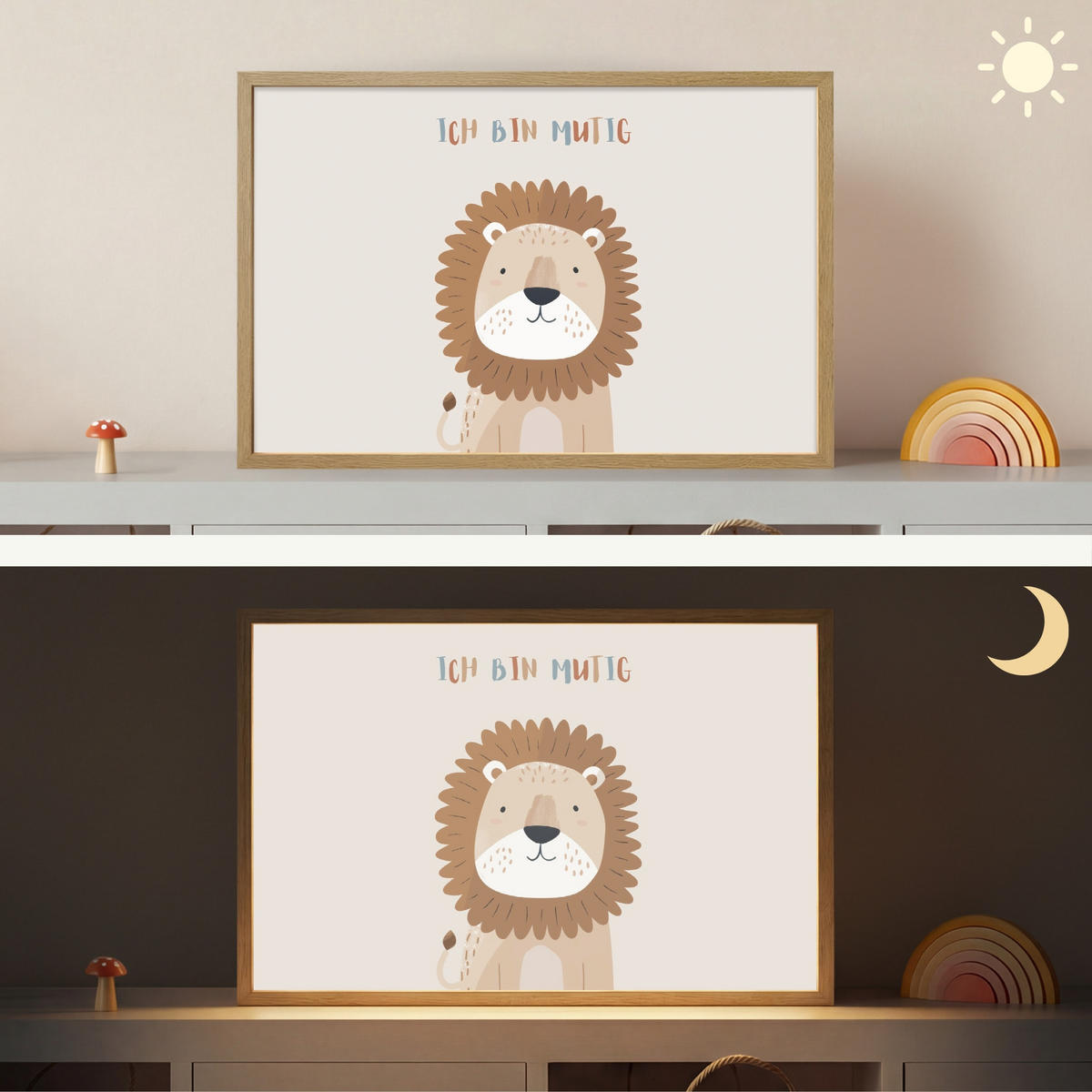 WANDLEUCHTE MIT AKKU Löwe - Beige - Tier - Mutig - Zitat 60x40 cm - Beige, Holzwerkstoff (60/40/8cm) - OnlyWow