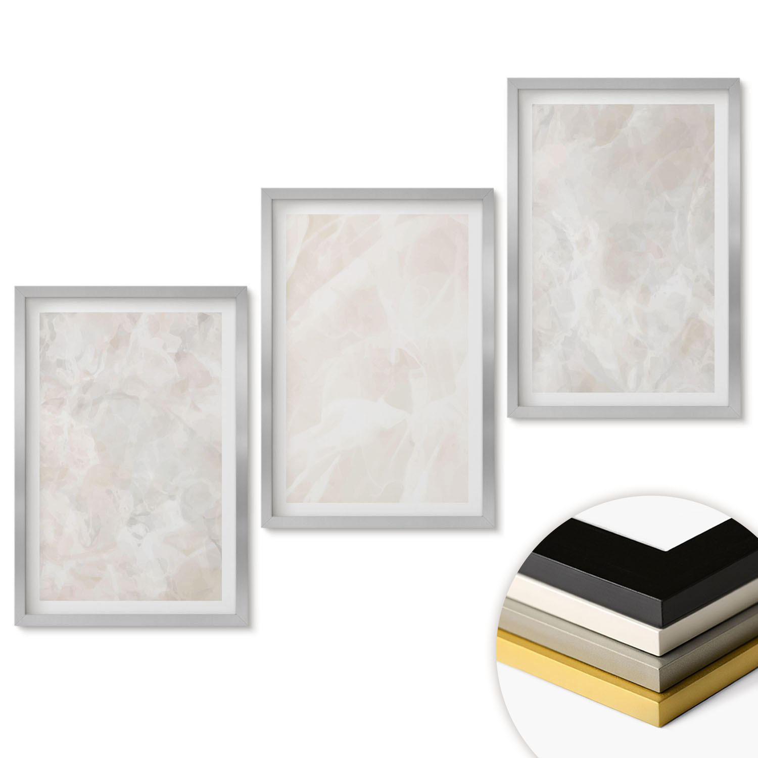 WANDBILDER 3er Set - 40x60 cm Silberner Rahmen - Pastellfarbene Marmorstrukturen - Silberfarben, Kunststoff (40/60cm) - ArtPrintCave