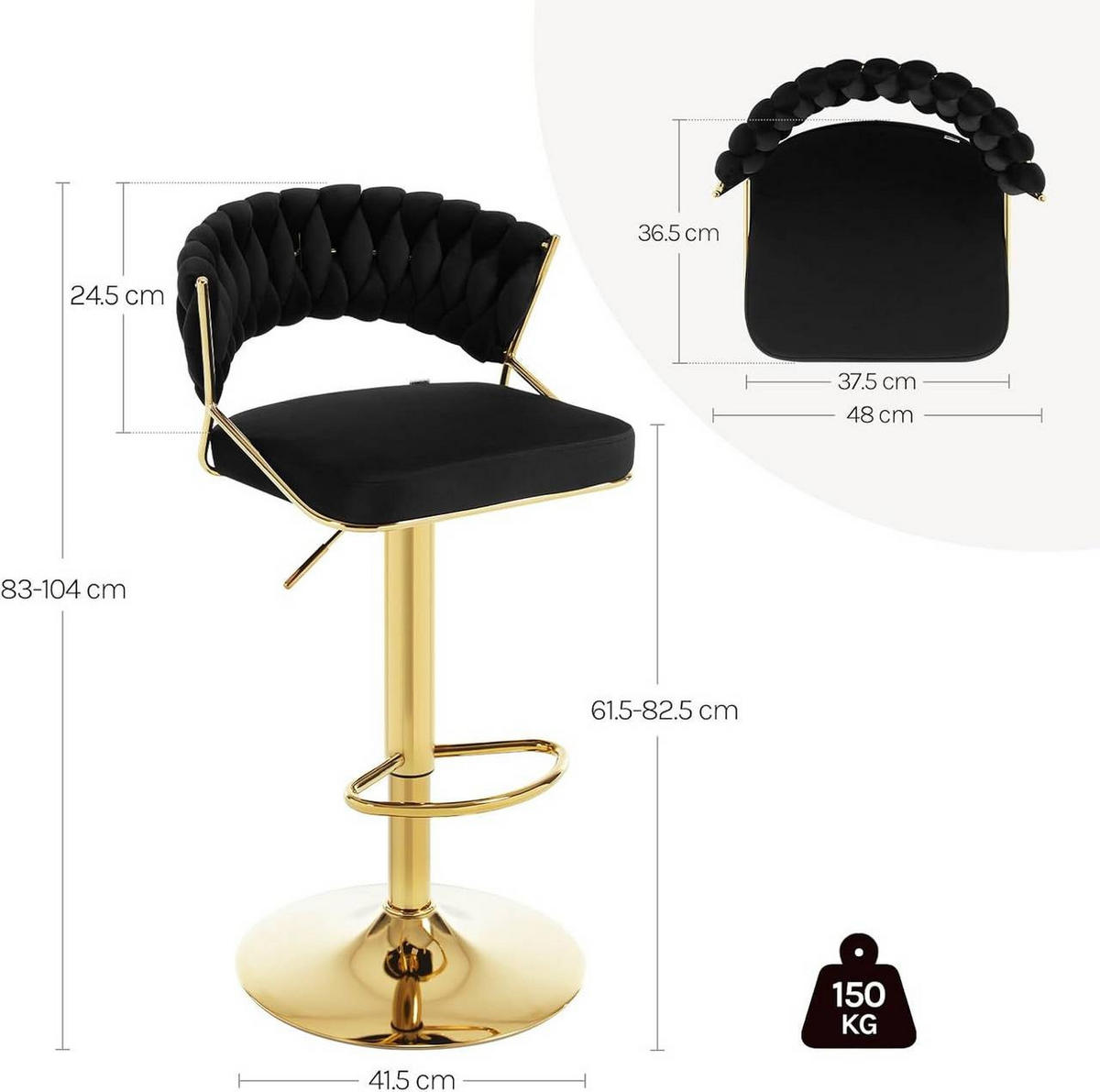 BARHOCKER 4er Set, mit geflochtener Rückenlehne, Samt, Schwarz - Goldfarben/Schwarz, Textil/Metall (48/83/46.5cm) - Woltu