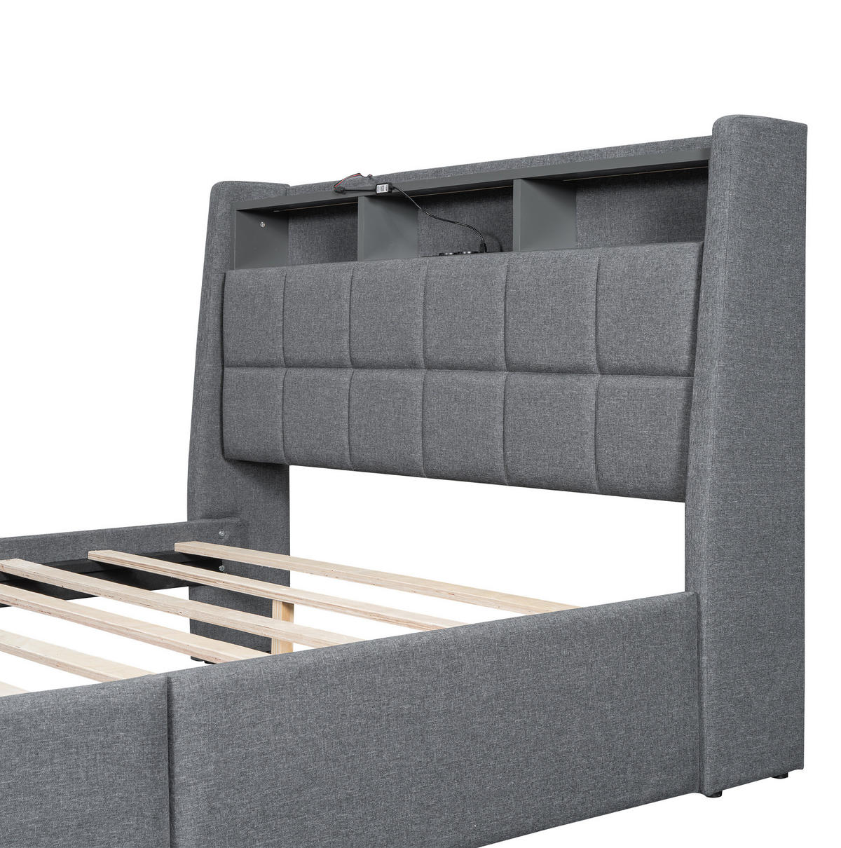 POLSTERBETT aus Leinen und MDF 140x200 cm Grau mit LED-Beleuchtung, USB-Anschluss und Schubladen - Grau, Textil (140/200cm) - IVMEU