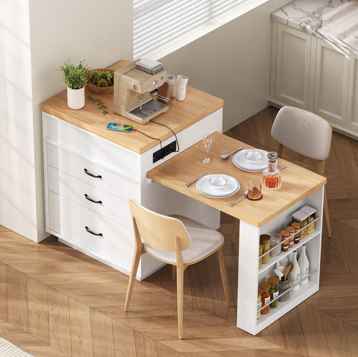 KÜCHENINSEL mit ausziehbarem Tisch 125,5-187,5 x 71 x 93 cm Weiß - Weiß, Holzwerkstoff (71/93/125.5cm) - Meubliv