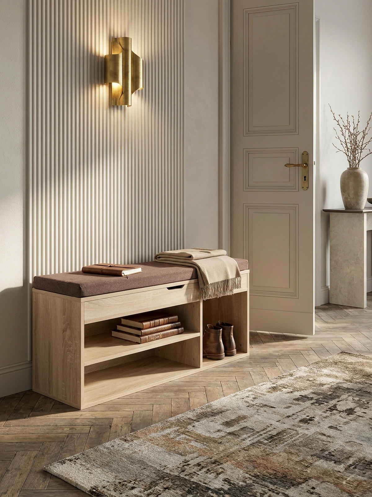 GARDEROBENBANK Holz gepolstert mit Stauraum, Beige 104x32x51 cm - Beige/Braun, Holz/Textil (104/51/32cm) - KADIMA DESIGN