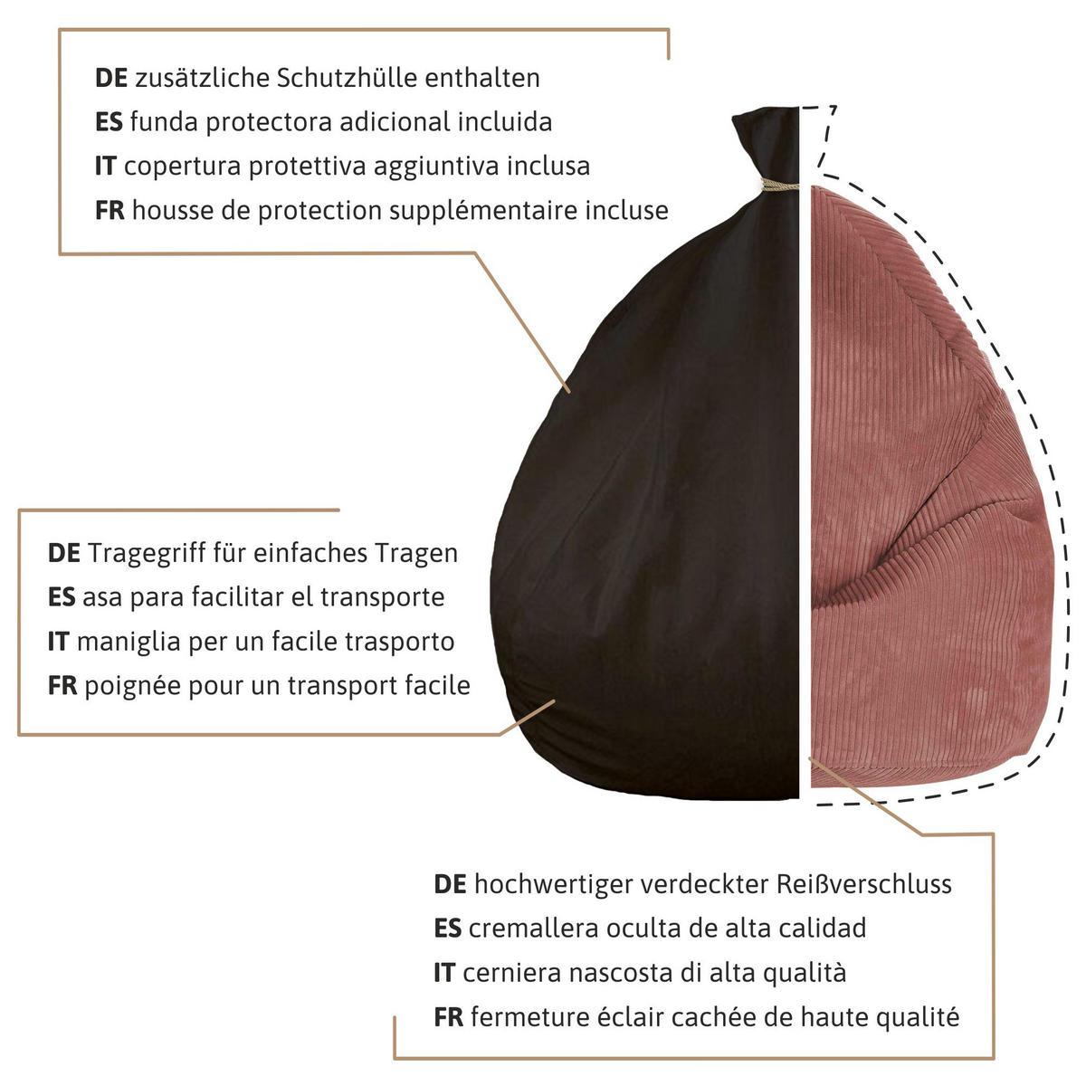 SITZSACK MIT FUßSTÜTZE Kordsamt 2-tlg Ginger Spice S - Kupferfarben, Textil (70/105/70cm) - Dreamroots