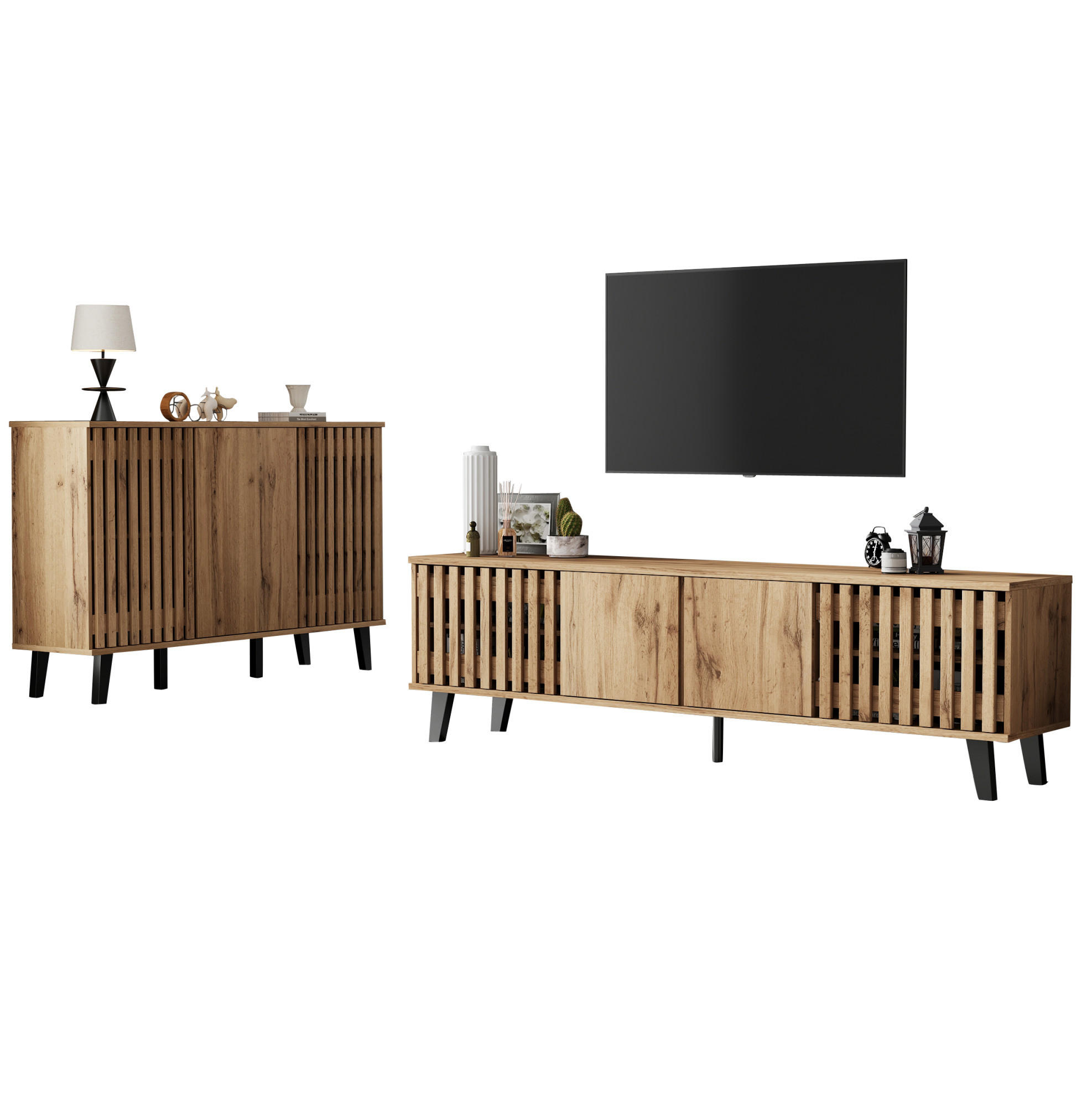WOHNWAND / Lowboard 180/40/55 cm mit Sideboard 150/40/95 cm in Naturholzoptik - Hellbraun, Holzwerkstoff (180/55/40cm) - BEAOK