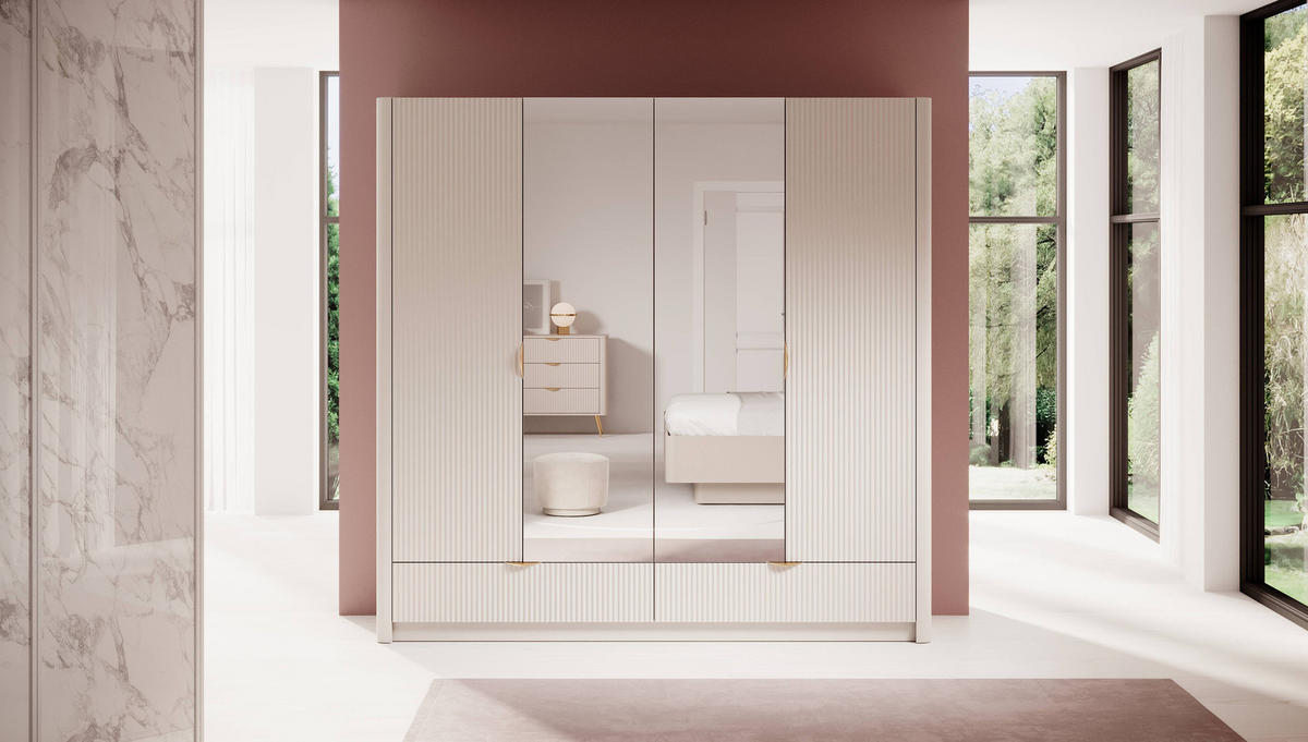 KLEIDERSCHRANK Flore 4-türig Beige / Gold - 213 cm - mit Spiegel - Beige/Gelb, Holz/Holzwerkstoff (213/208/55cm) - Ravio