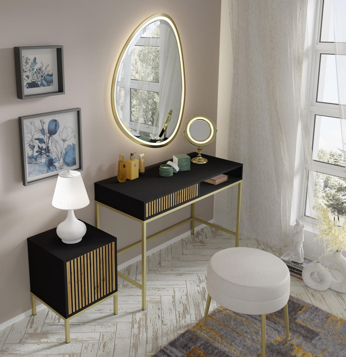 SCHMINKTISCH Schwarz, Artisan-Schwarz, Gold 112/78/50 - Schwarz, Holzwerkstoff (112/78/50cm) - RAUMHIRSCH FURNITURE