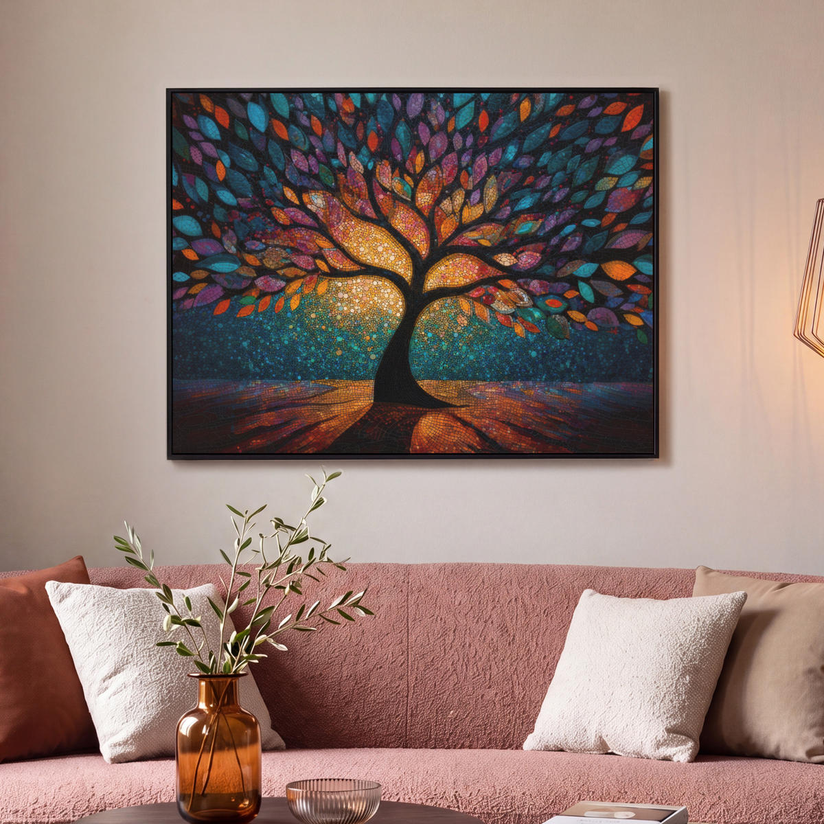 LEINWAND Bilder mit Rahmen - Mosaik - Bunt - Baum - Äste - 100x70 - Multicolor, Textil (100/70cm) - MuchoWow