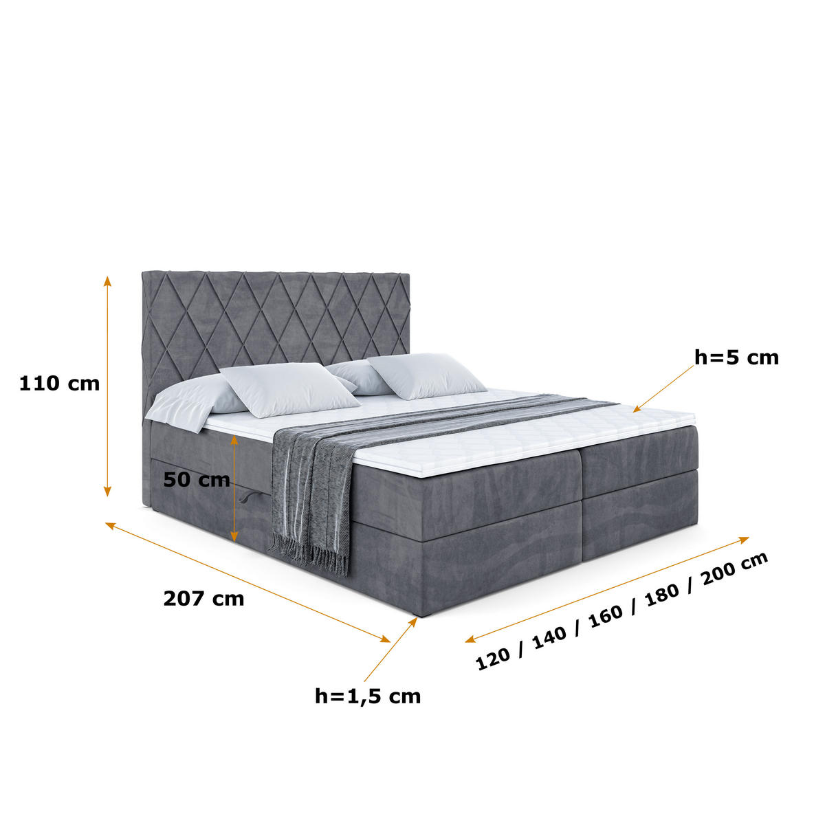 BOXBETT mit H4-Matratze und Lattenrost - LEPARO - 200x200 Dunkelgrau - Dunkelgrau, Holzwerkstoff (200/200cm) - ALTDECOR