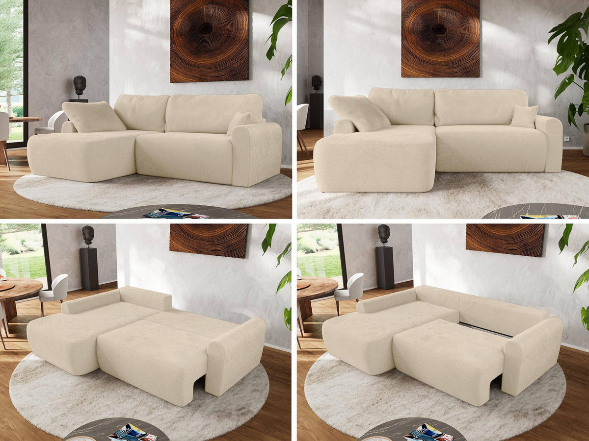 ECKSCHLAFSOFA CUBO L Creme Plüsch - links - Creme/Schwarz, Kunststoff/Textil (273/187cm) - MKS