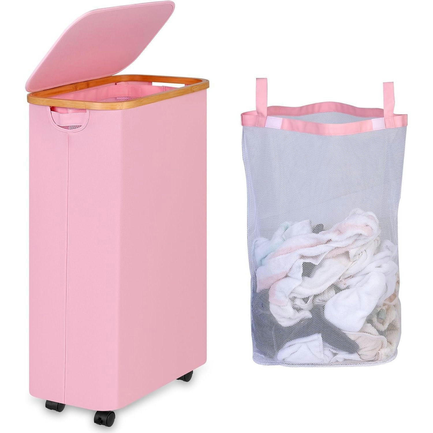 WÄSCHEKORB mit Deckel und Rollen 75L Rosa - Rosa, Textil (25/70/43.5cm)