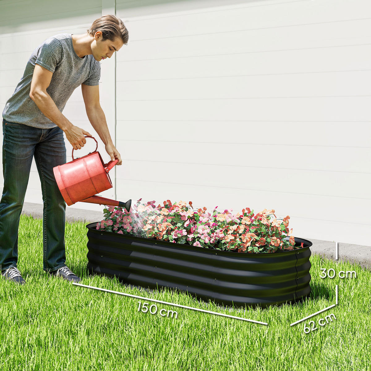 HOCHBEET DE-12147 modular 150/62/30 cm mit Gummikante Schwarz - Schwarz, Metall (150/30/62cm) - ComfortXL