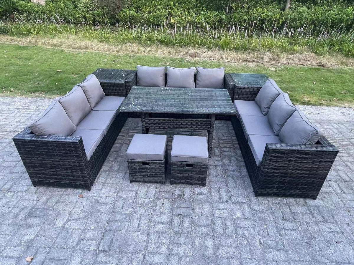 GARTENMÖBEL SET mit Beistelltisch,Hockern Polyrattan 11-Sitzer - Dunkelgrau/Grau, Glas/Kunststoff - Fimous