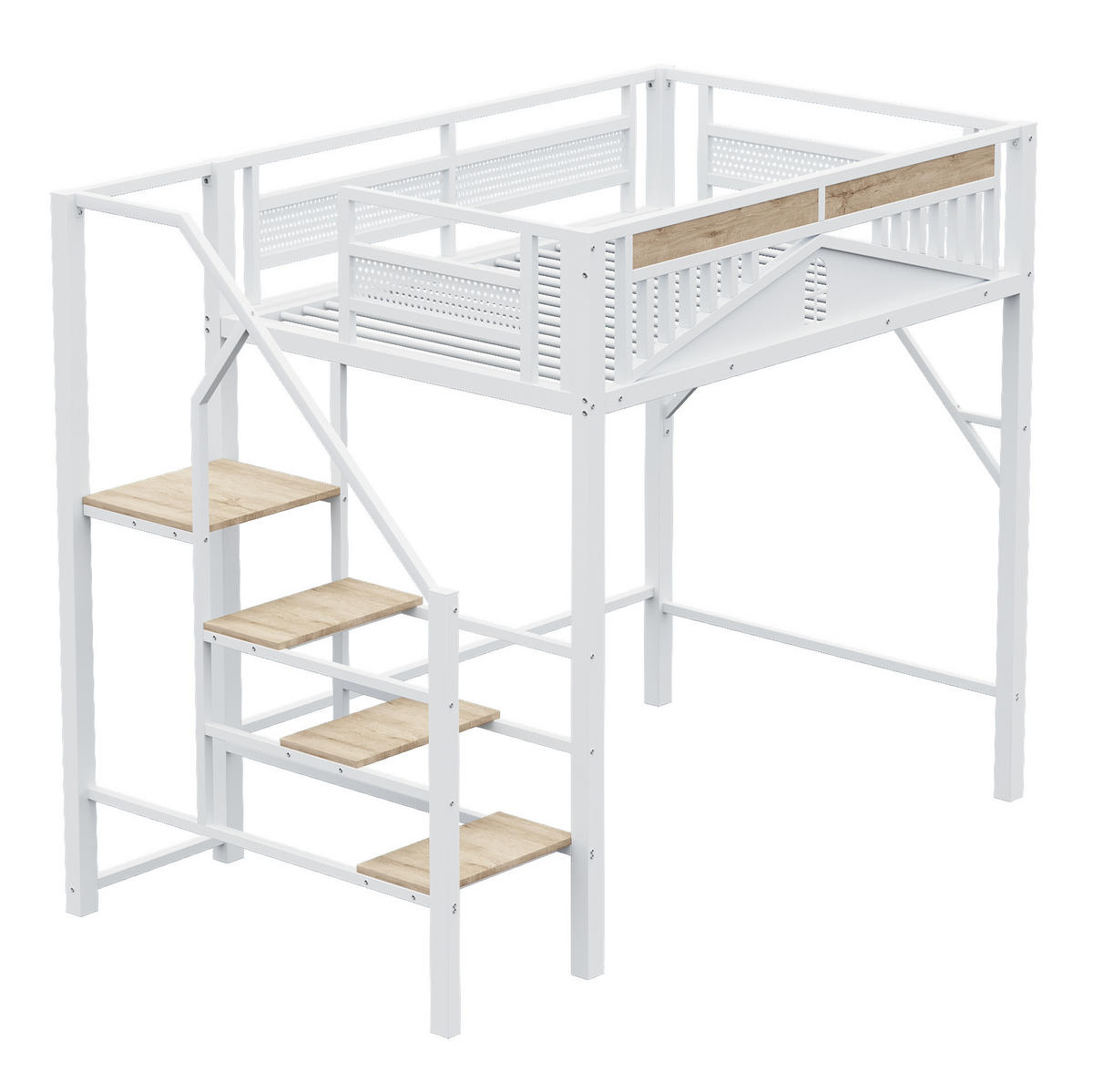HOCHBETT 140/200 cm Weiß mit Sicherheitsleiter und Stauraum mit Matratze - Weiß, Metall (140/200cm) - OKWISH