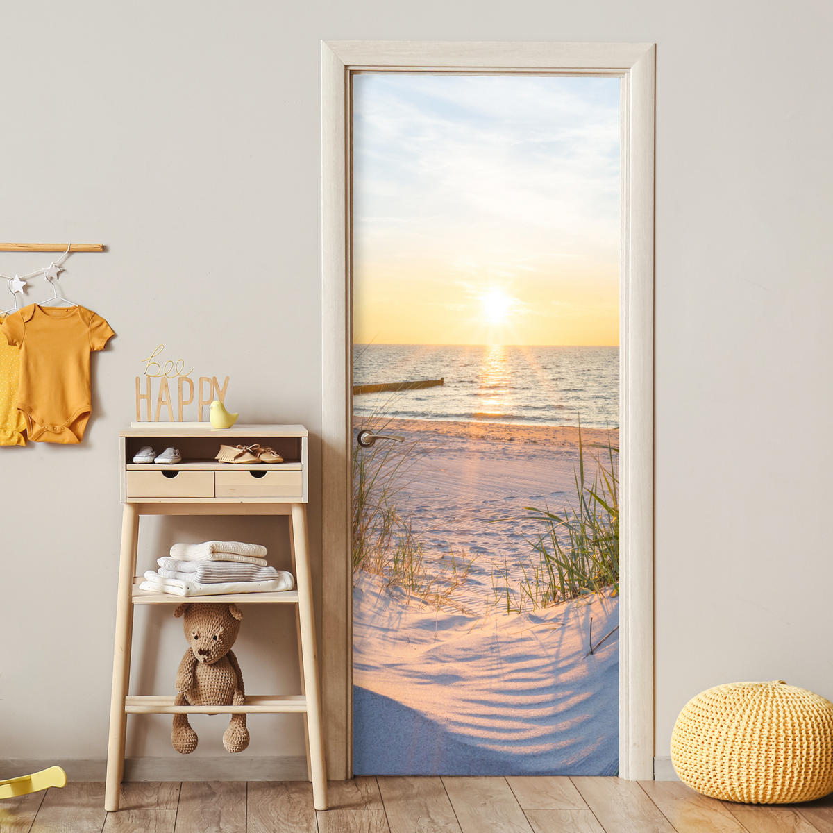 FOTOTAPETE Tür - Strand - Sonne - Düne - Gras - Sand - Horizont 95x235 cm - Dunkelgelb, Kunststoff (95/0.1cm) - MuchoWow