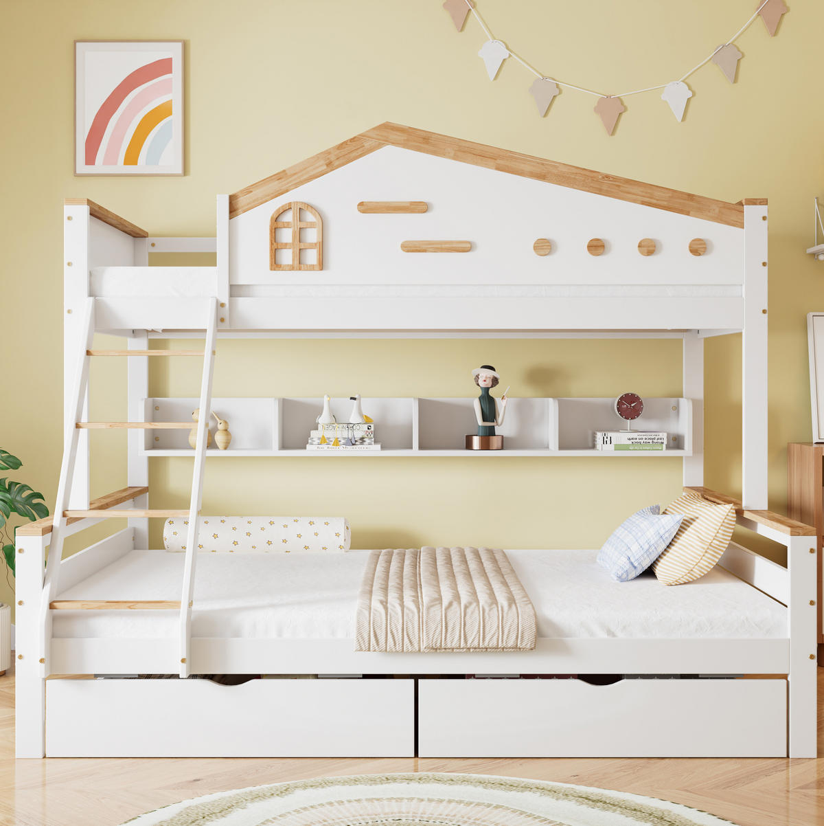 ETAGENBETT 90/200 & 140/200 cm aus Kiefer und MDF mit Regalen, 2 Schubladen und Schrägleiter, Weiß/Natur - Weiß, Holzwerkstoff (90/200cm) - Redom