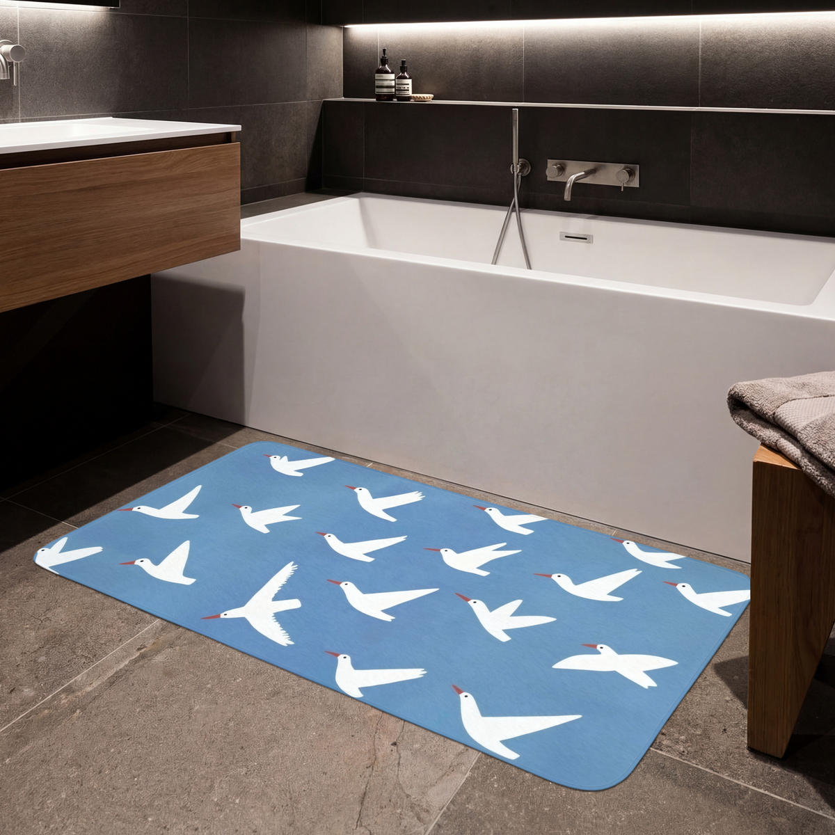 BADEMATTE Vögel - Weiß - Muster 120x60 cm - Blau, Kunststoff/Textil (120/60cm)