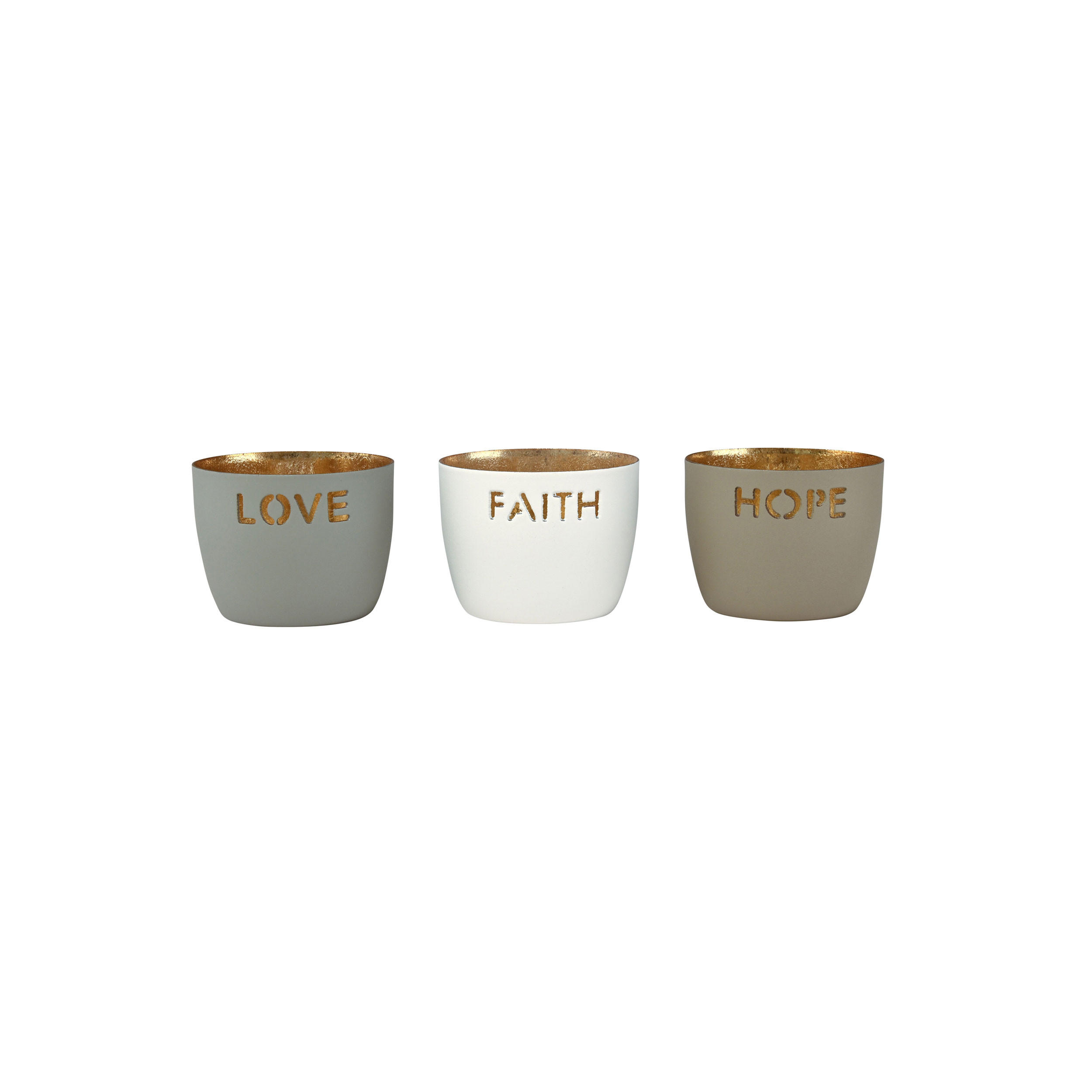 TEELICHTHALTER Madras Love, Faith, Hope XS, 3er Set, Eisen, Flannel / Weiß / Sandstone, H 4.5 cm - Multicolor, Metall (7.5cm) - Gift Company