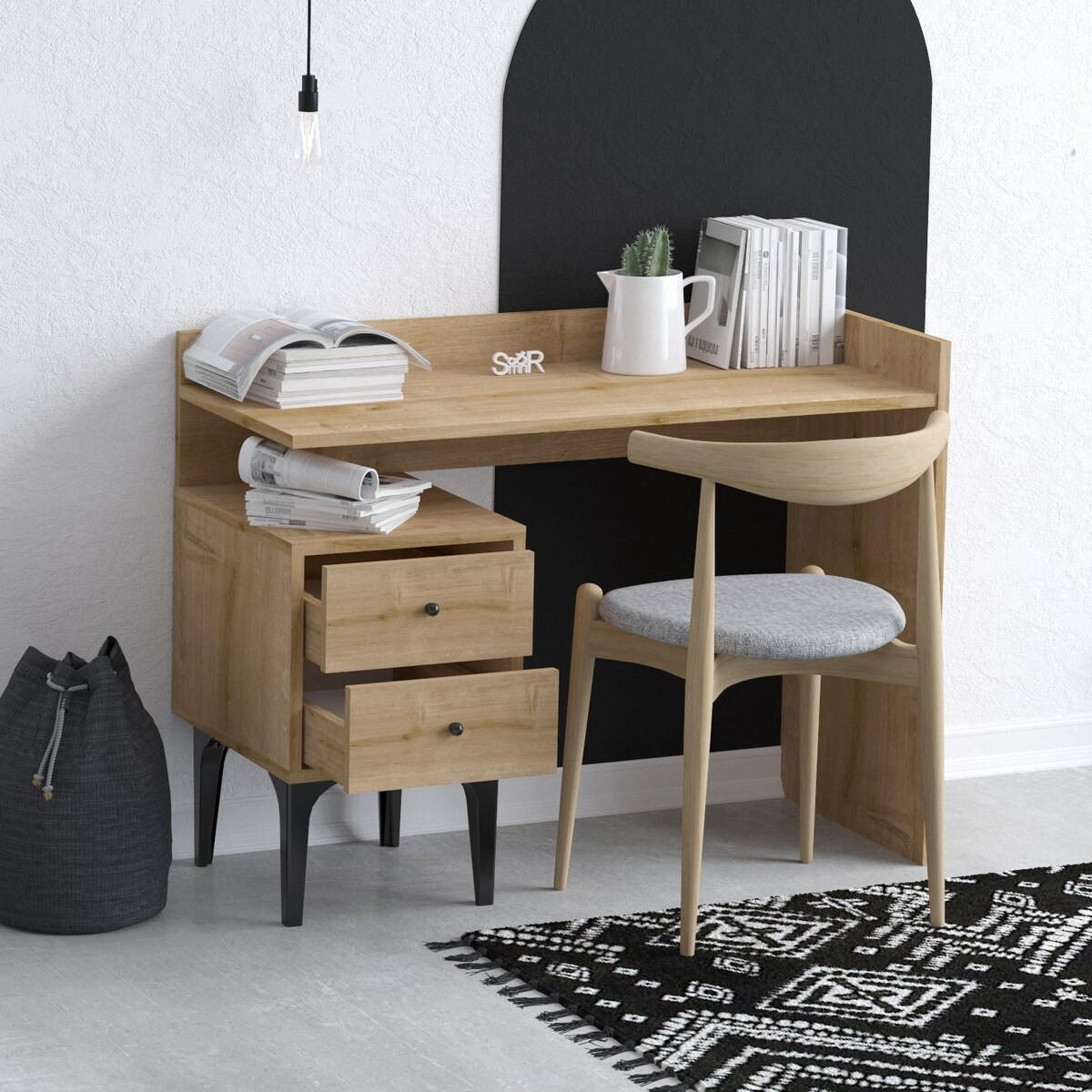 SCHREIBTISCH mit 2 Aufbewahrungsschubladen Holzdekor Eiche B100 cm - PUUK - Eschefarben, Holzwerkstoff (48/45/80cm) - Calicosy