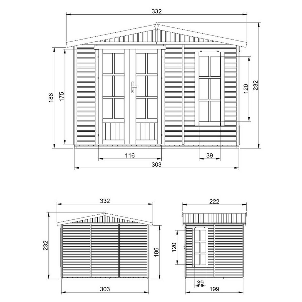 GARTEN HOLZHAUS - B332xT222xH232 cm/6m2 - M334FB - Beige, Holz (332/232/199cm) - Timbela