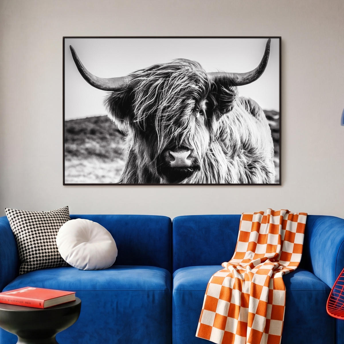 LEINWAND Bilder mit Rahmen - Kuh - Schottischer Hochländer - Schwarz - Weiß - Tier - Natur - Wildtiere - 90x60 - Schwarz, Textil (90/60cm) - MuchoWow
