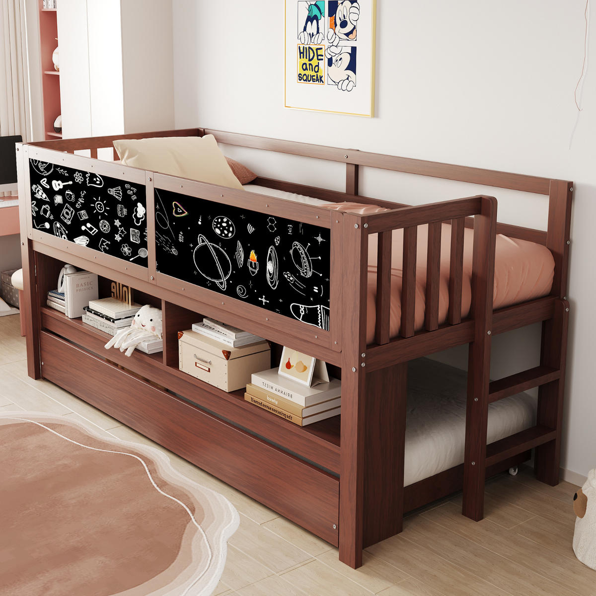 KINDERBETT 90/200 cm mit Rollbett, Stauraum und Tafeloberflächen in Braun - Braun, Holz (90/200cm) - BEAOK