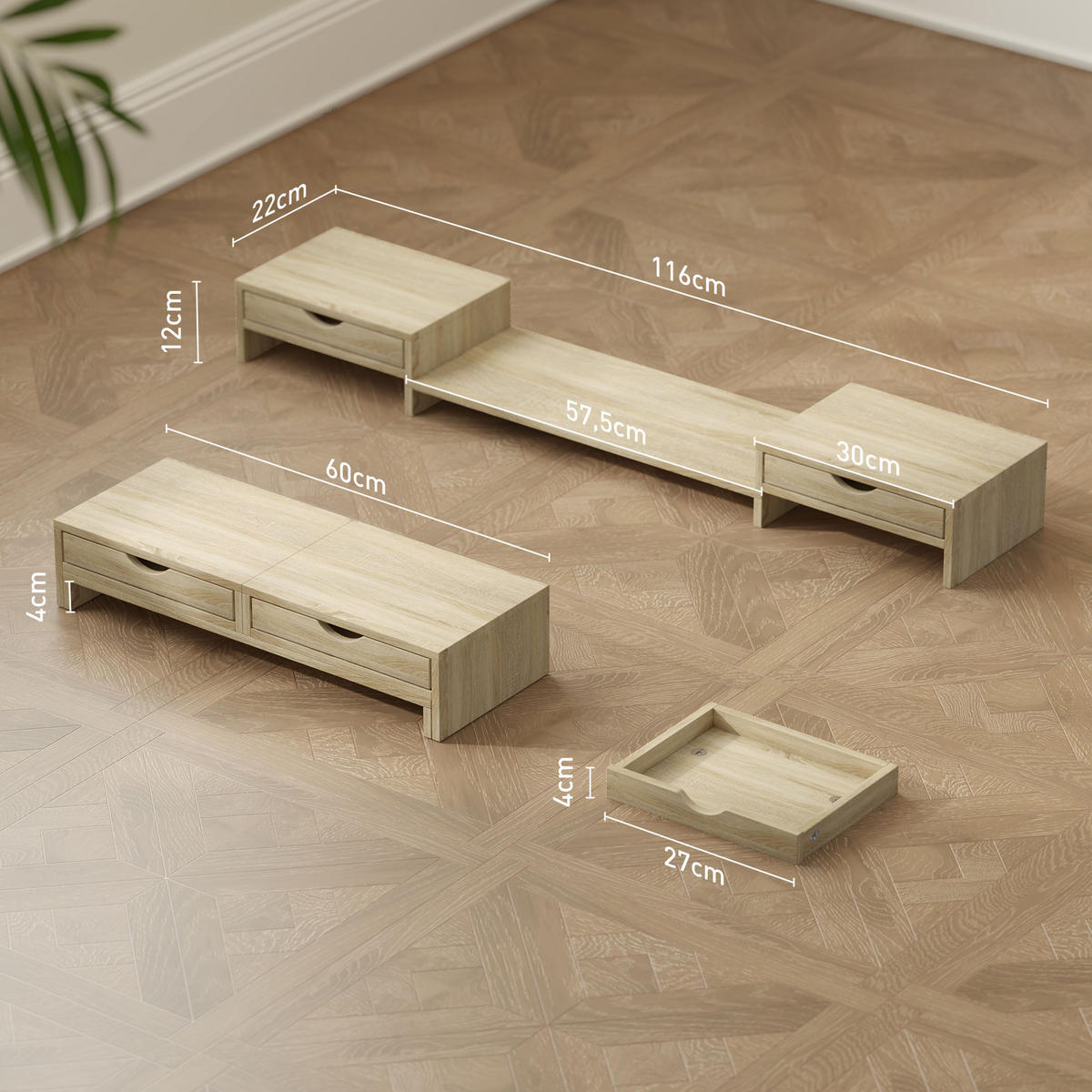 MONITORSTÄNDER DE-16699 60-116 cm ausziehbar, 2 Schubladen - Eichefarben, Holzwerkstoff (60/22/12cm) - ComfortXL